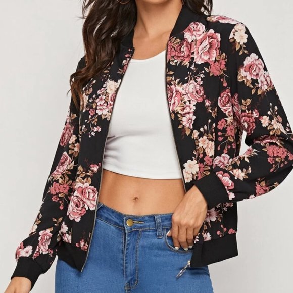 Black blue floral print zip up bomber jacket - Picture 6 of 6